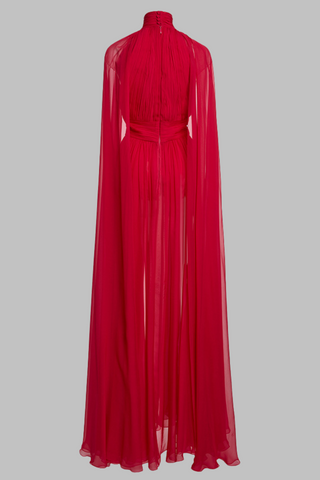 Red Pleated Cape Long Dress with High Neck and Chiffon Overlay