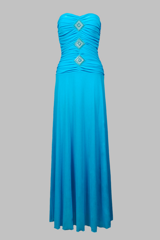 Aqua Blue Strapless Mesh Long Dress with Crystal Diamond Accents