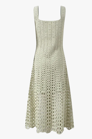 Crochet Knit Midi Dress with Crystal Embellishments & Sleeveless Square Neck Design