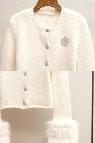 Chic Pearl-Button Fur Cuff Knit Cardigan