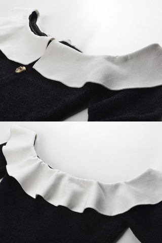Ruffle Off-Shoulder Long-Sleeve Peplum Knit Top with Gold Button Detail