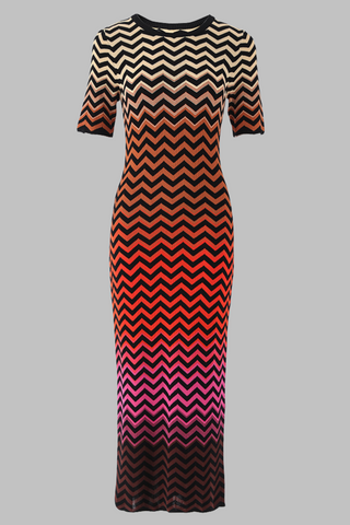 Sunset Chevron Short Sleeve Gradient Knit Patterned  Long Dress