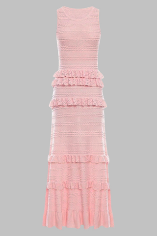 Ruffle Knit Lace Slim Fit  Sleeveless Long Dress