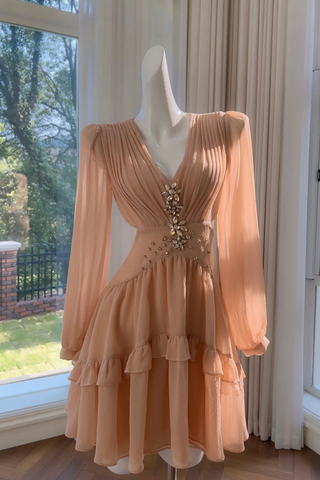 Pleated Chiffon Mini Dress with Long Sleeves and Crystal Embellished Waist