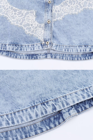Lace Detail Cropped Denim Jacket in Light Wash