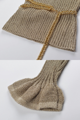 Metallic Knit Top – Long Sleeve Ribbed Design with Chain Belt