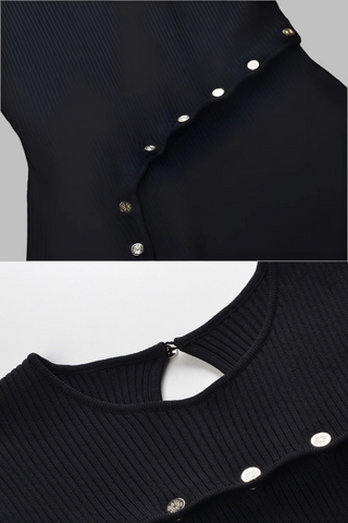 Half-Sleeve Knit Midi Dress with Curved Button Detailing