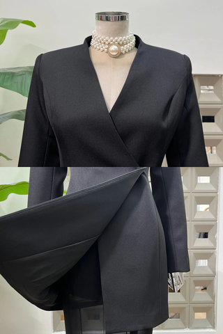 Long-Sleeve Structured Crepe Blazer & Pleated Mesh Skirt Set – Tailored Design