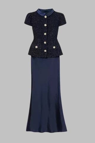 Short Sleeve Tweed Top and Satin Maxi Skirt Set