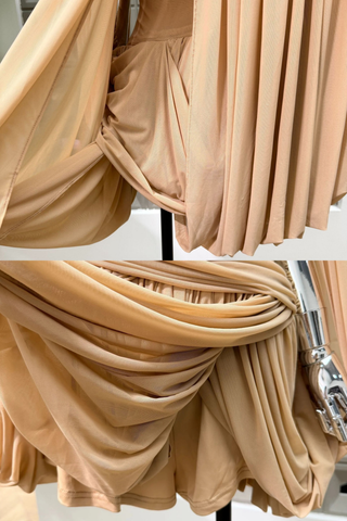 Romantic Draped Off-Shoulder Mini Dress with Sheer Sleeves & Sculpted Fit