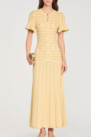 Textured Knit Long Dress – Short Sleeve Button Front Design