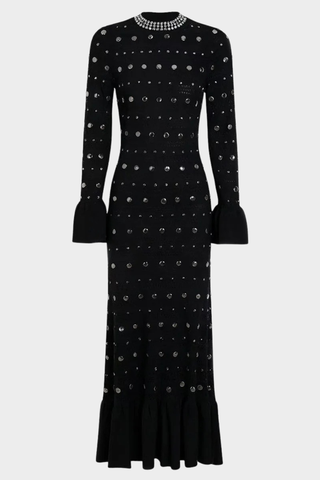 Studded Knit Long Dress – Elegant Long Sleeve Flared Cuff Evening Dress