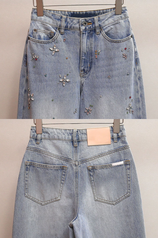 High-Waist Embellished Wide-Leg Denim Jeans with Crystal Floral Detailing
