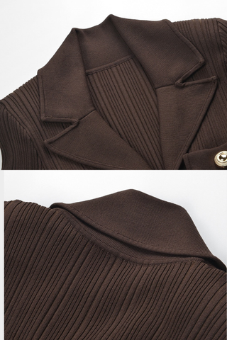 Ribbed Knit Long Dress – Long Sleeve Collared Bodycon with Gold Buttons
