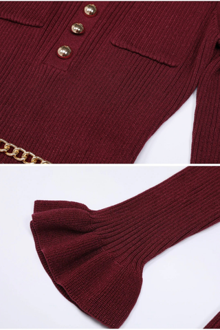 Metallic Ribbed Knit Long Sleeve Midi Dress with Gold Chain Belt