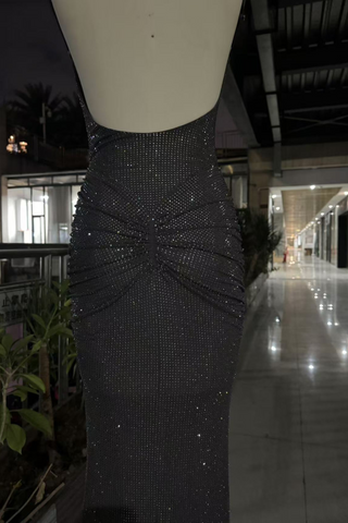 Hot Diamond Sparkle Bodycon Long Dress with Sculpted Pleats and Backless Cut