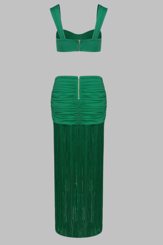 Two-Piece Ruched Crop Top and Fringed Maxi Skirt Set with Gold Buckle Detail