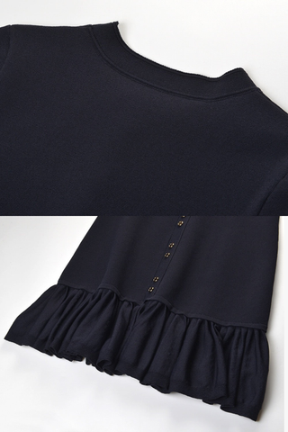 Gold Button Short Sleeve Fitted Mini Dress with Ruffle Hem