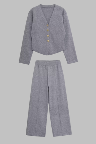 Ribbed Knit V-Neck Cardigan & Wide-Leg Pants Lounge Set – Soft Stretch Knit, Long Sleeves, Relaxed Fit