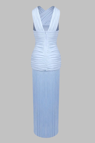 Sleeveless Ruched Mesh Long Dress with Fringed Hem and Crisscross Draping