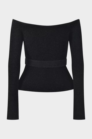 Embellished Off-Shoulder Knit Top with Belt – Elegant Winter Sweater