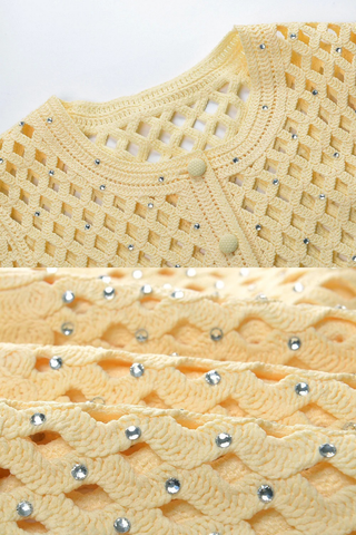 Embellished Open-Knit Cropped Cardigan with Elbow-Length Balloon Sleeves
