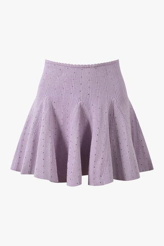 Ribbed Knit Top & Skater Skirt Set – Rhinestone Embellishments, Scalloped Trim & Flared Mini Skirt
