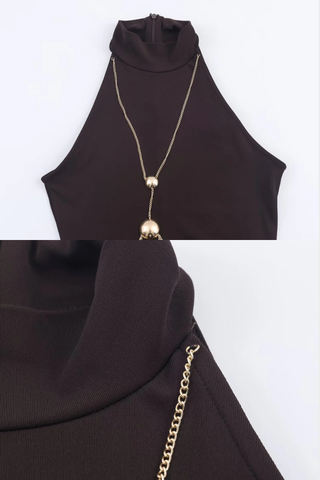 Elegant High Neck Cut-Out Long Dress with Draped Waist & Chain Accents