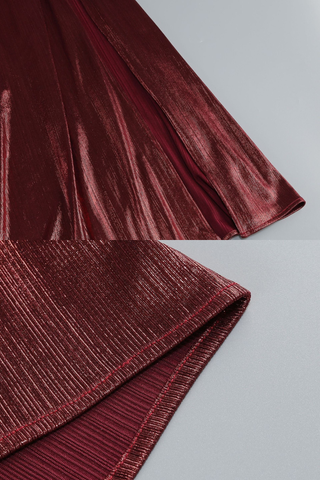 Strapless Metallic Pleated Long Dress with High Slit