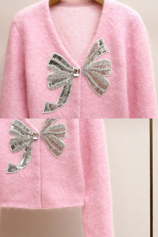 Pink Fuzzy Bow Embellished Knit Cardigan