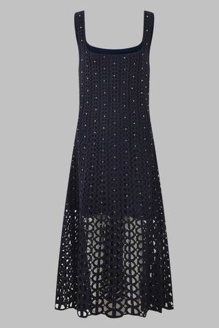 Crystal Embellished Sleeveless Crochet Long Dress with Lining