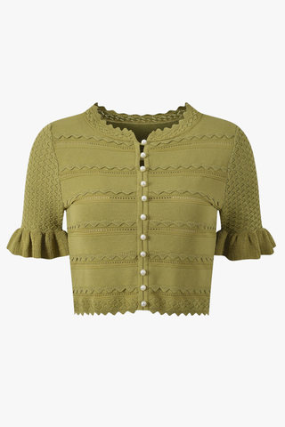 Pearl Button Knit Ruffle Co-Ord Set – Short Sleeve Crop Top & Mini Skirt