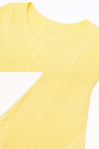 Ribbed Knit Round Neck Short Sleeve Long Dress with Lace Panels & Ruffle Hem