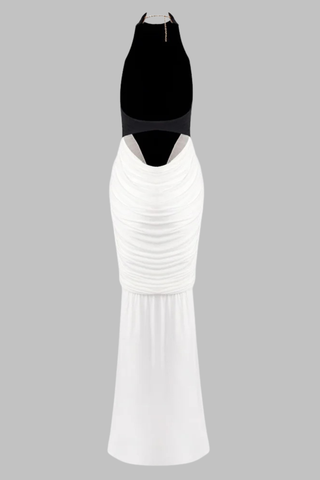 Halter Neck Two-Tone Long Dress with Draped Ruched Skirt and Open Back