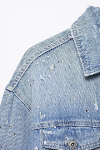 Rhinestone Detail Cropped Denim Jacket