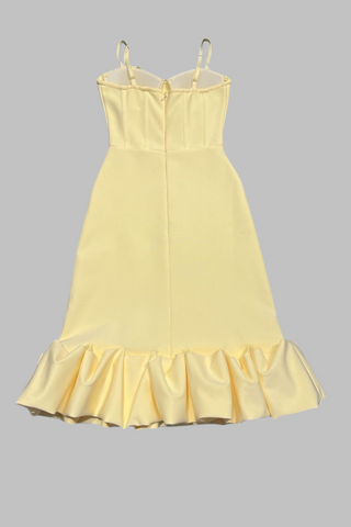 Yellow Sweetheart Neck Bandage Midi Dress with Ruffle Fishtail Hem