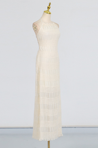 Beige Smocked Halter Long Dress with Sheer  Open Back