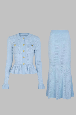 Knitted Two-Piece Set with Round Neck Peplum Cardigan and Midi-Long Mermaid Skirt