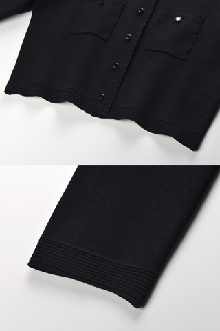 Pearl-Embellished Collar Knit Cardigan – Long Sleeve, Soft Ribbed Material, Cropped Design