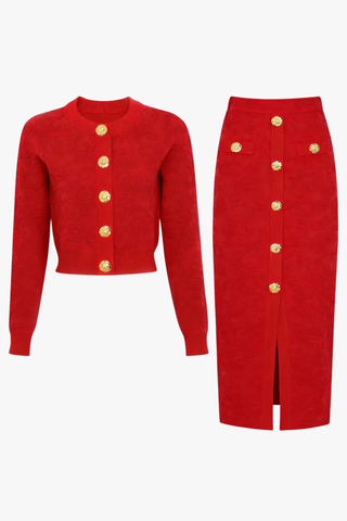Textured Knit Button Cardigan & Midi Skirt Set
