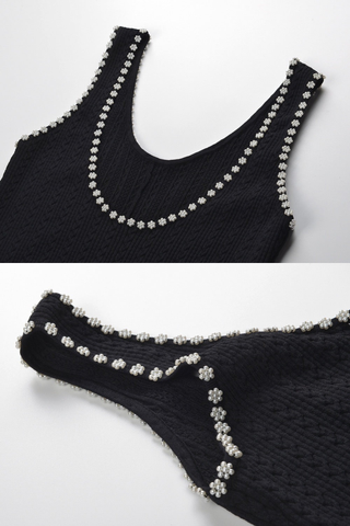 Pearl Trim Ribbed Knit Midi Dress with Sleeveless Cut and Flared Hem Design