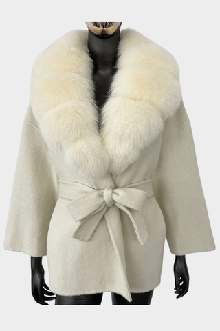 Faux Fur Collar Long-Sleeve Wool Coat – Tie Belt & Oversized Collar