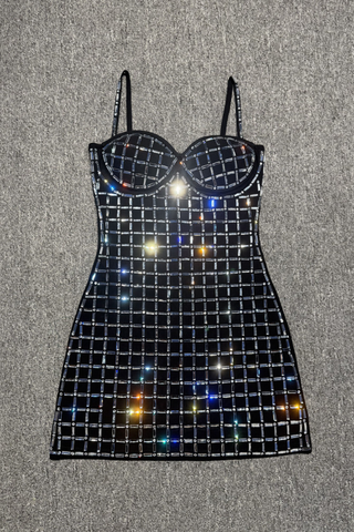 Rhinestone Grid Crystal Mesh  Mini Dress