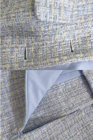 Structured Tweed Mini Dress – Short Sleeve, Pleated Skirt & Jewel Button Detail