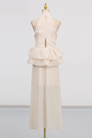 Halter Neck Sleeveless Long Dress with Layered Ruffle Waist and Flowing Skirt