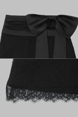 Black Lace Mini Skirt with Satin Bow and Pleated Waist