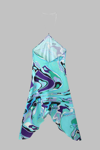 Printed Chain Halter Neck Asymmetrical Mini Dress