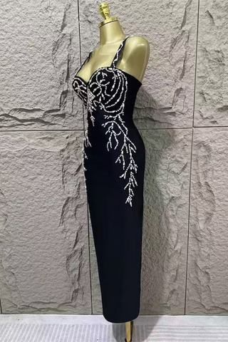 Black Rhinestone Embellished Bodycon Long  Dress – Sleeveless Strappy Slim Fit Party Dress