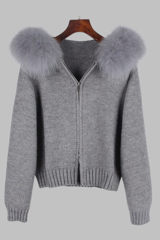 Faux Fur Trimmed Knitted Hooded Cardigan