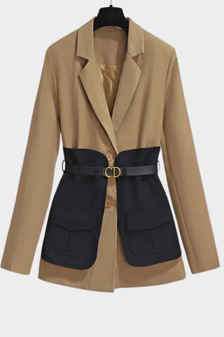 Structured Contrast Panel Blazer with Belt & Utility Pockets